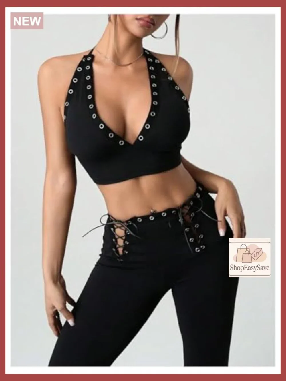 Women's 2 Piece Grunge Halter Top & Flared Leg Pants Y2K Matching Set - Picture 5 of 5